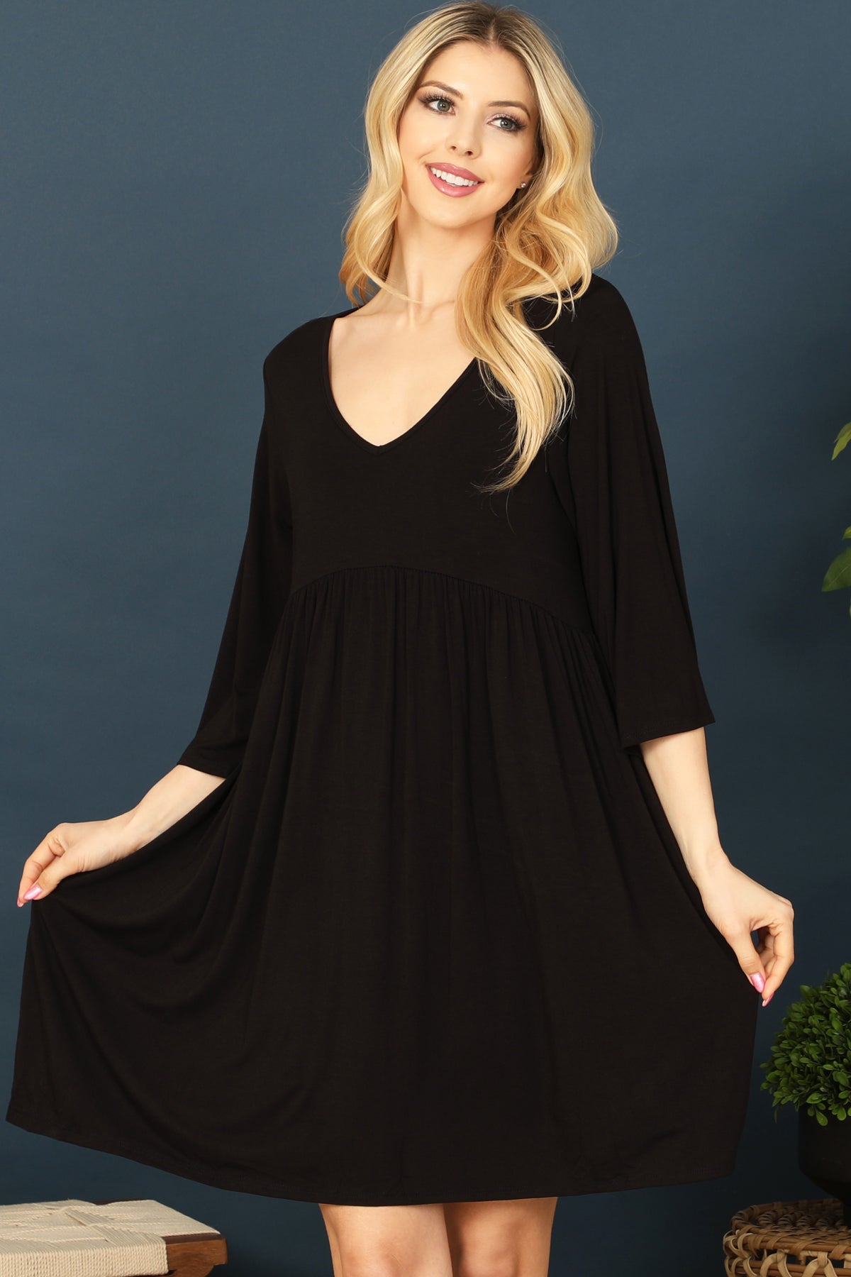 Quarter Sleeve Empire Solid Mini Dress