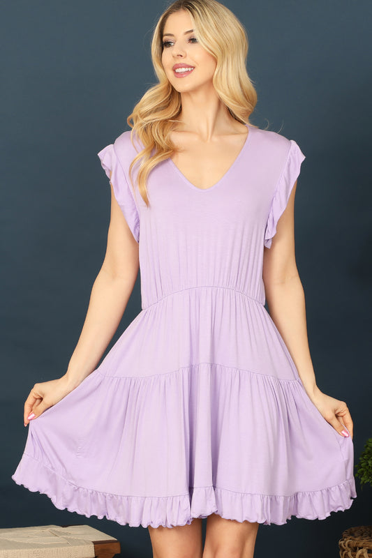 V-Neck Ruffle Sleeve Tiered Babydoll Mini Dress