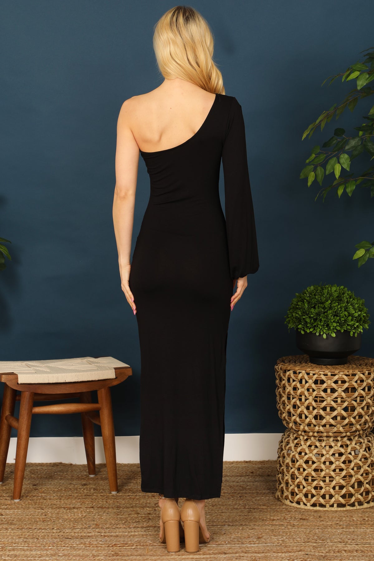 One Shoulder Long Sleeve Slit Maxi Dress