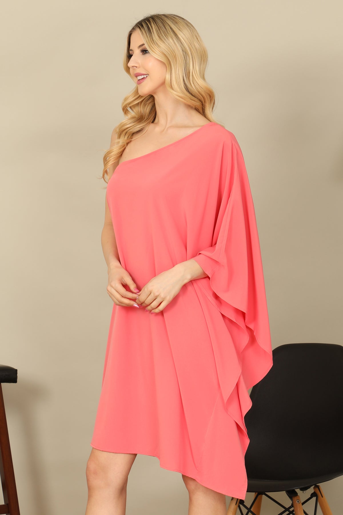 One Shoulder Dolman Sleeve Solid Dress