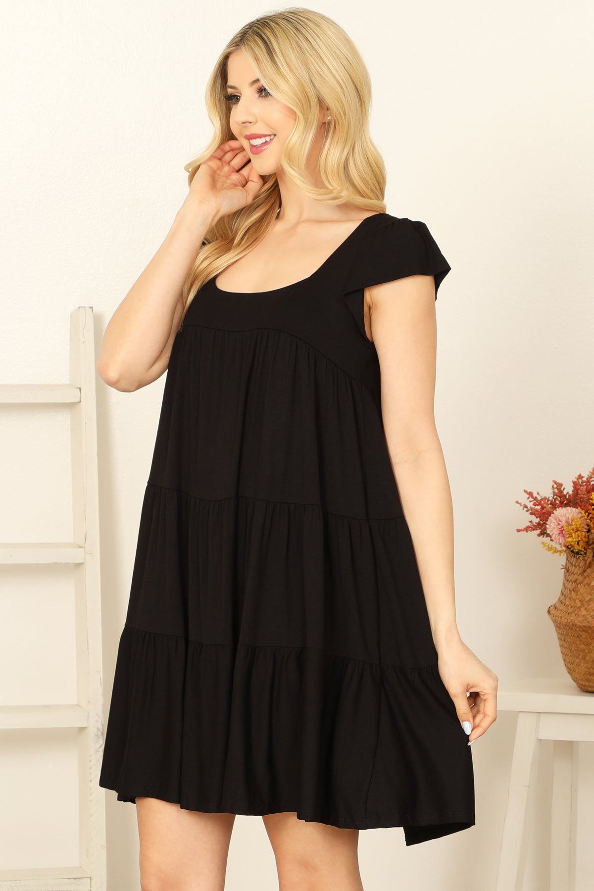Square Neck Flutter Sleeve Tiered Mini Dress
