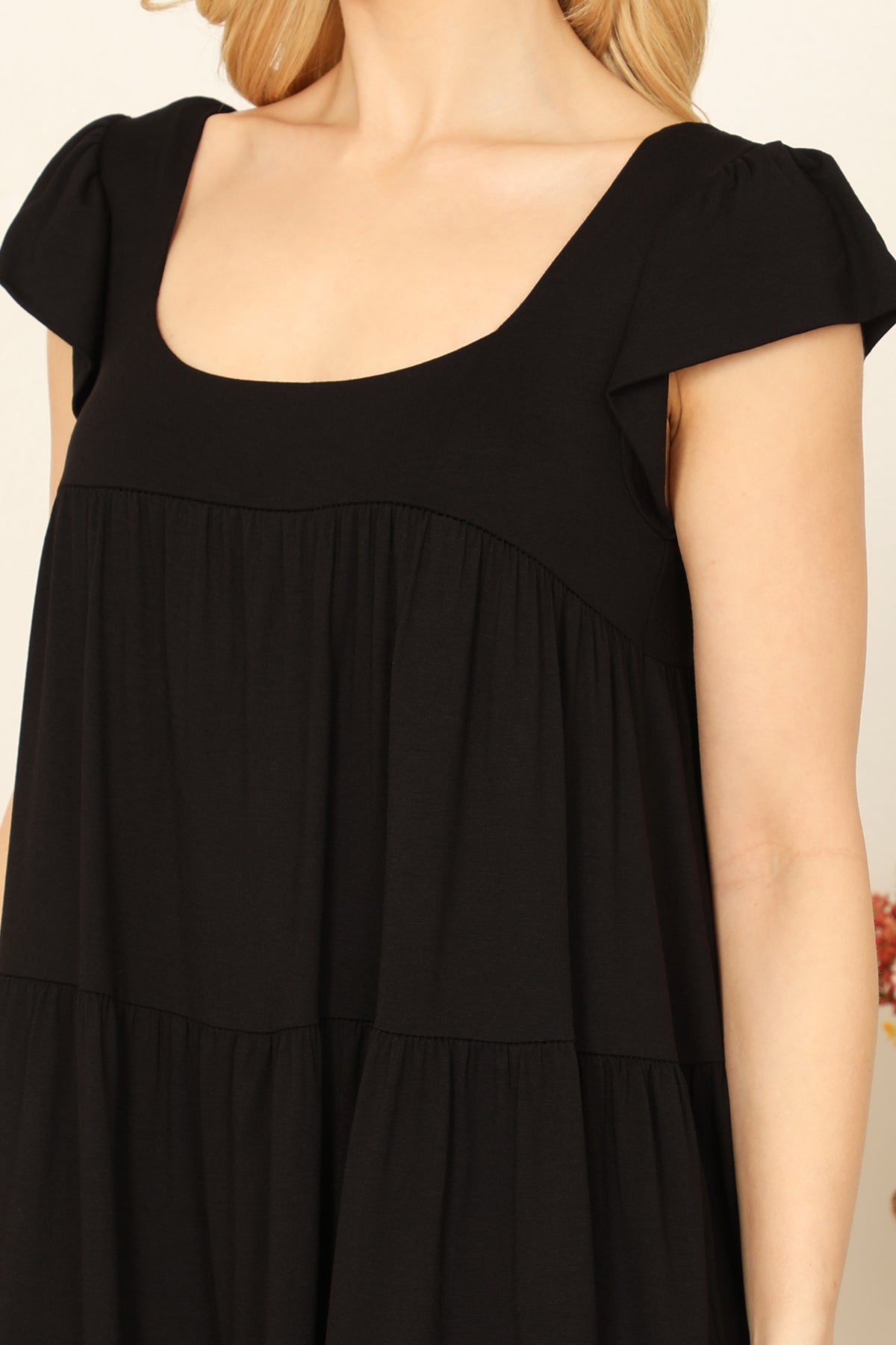 Square Neck Flutter Sleeve Tiered Mini Dress