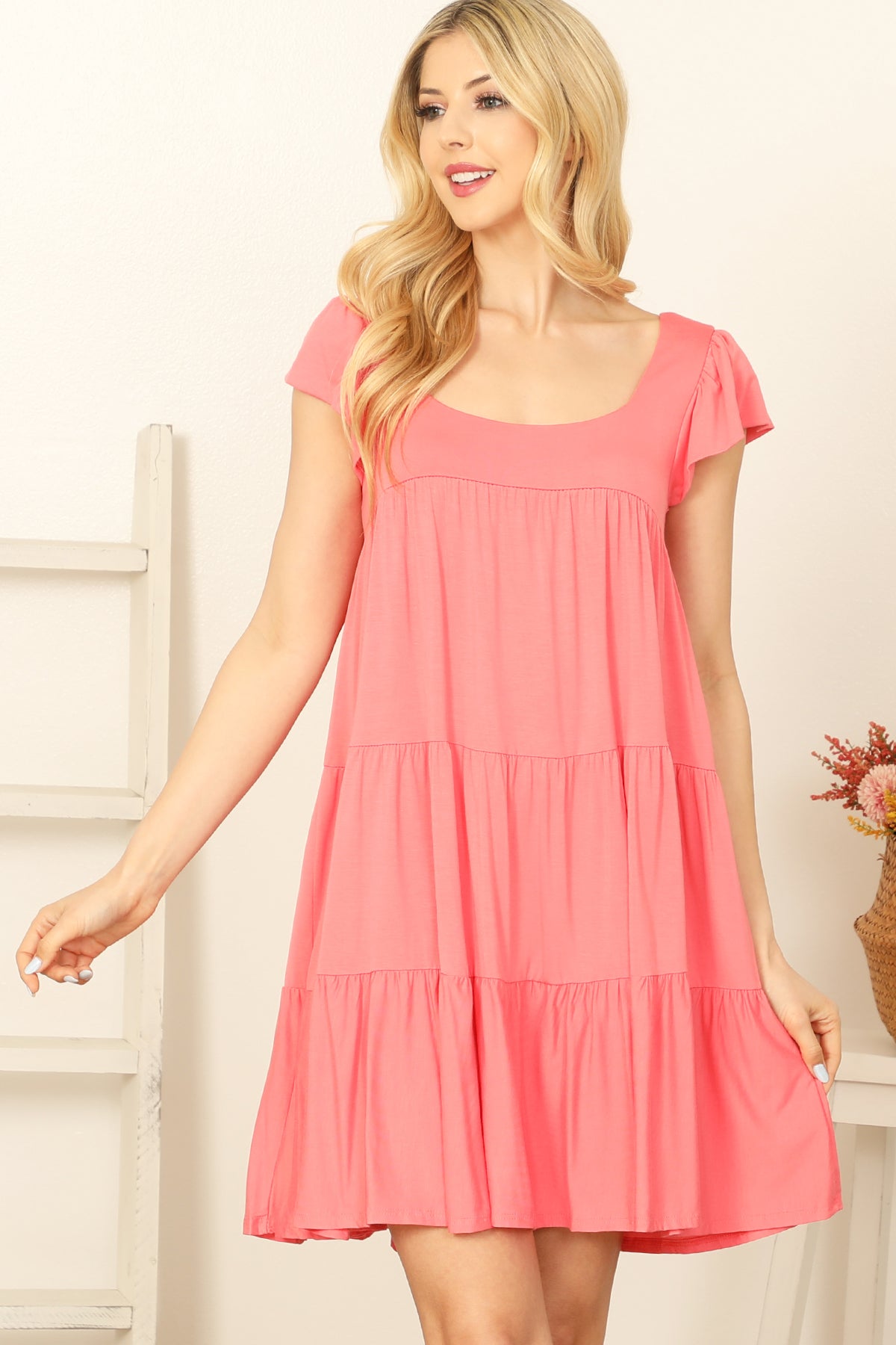 Square Neck Flutter Sleeve Tiered Mini Dress