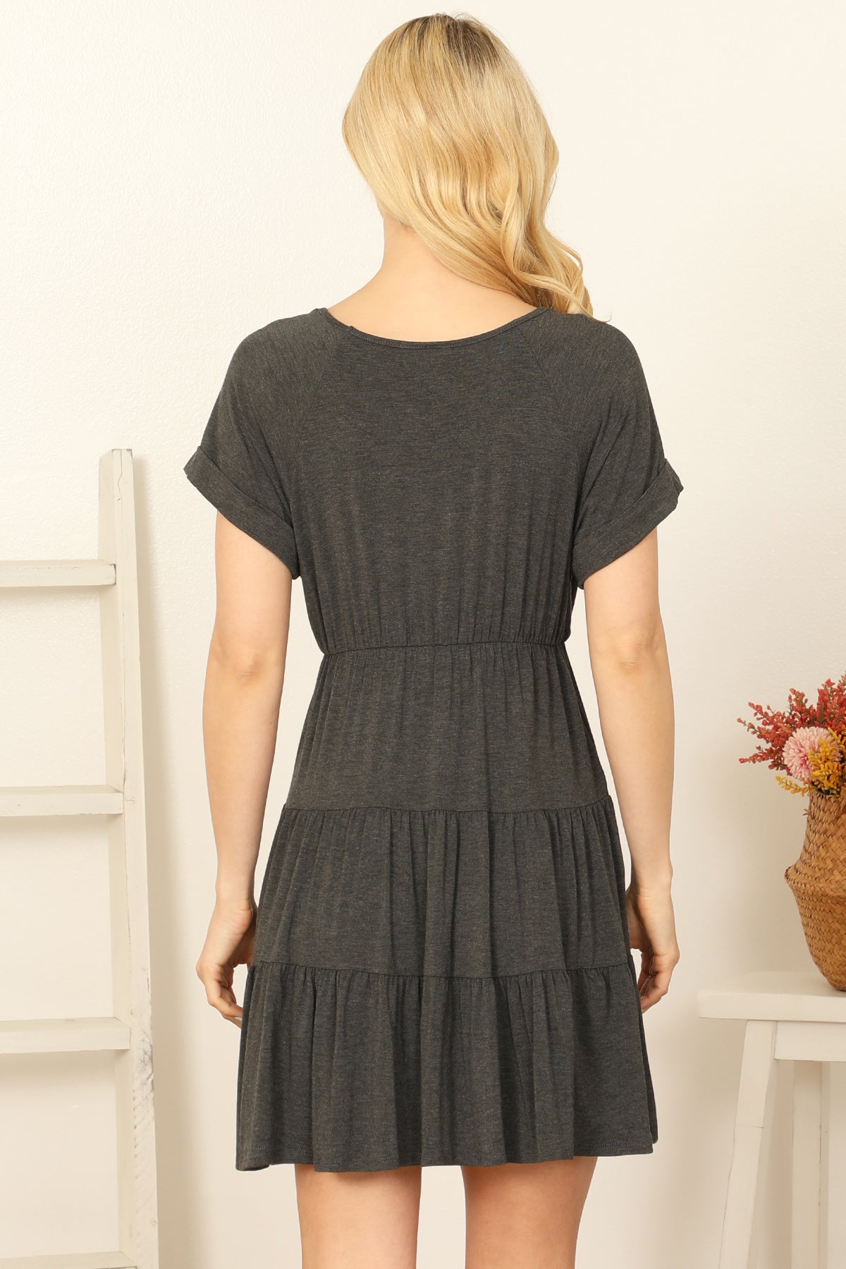 V-Neck Rolled Cuff Dolman Sleeve Mini Dress