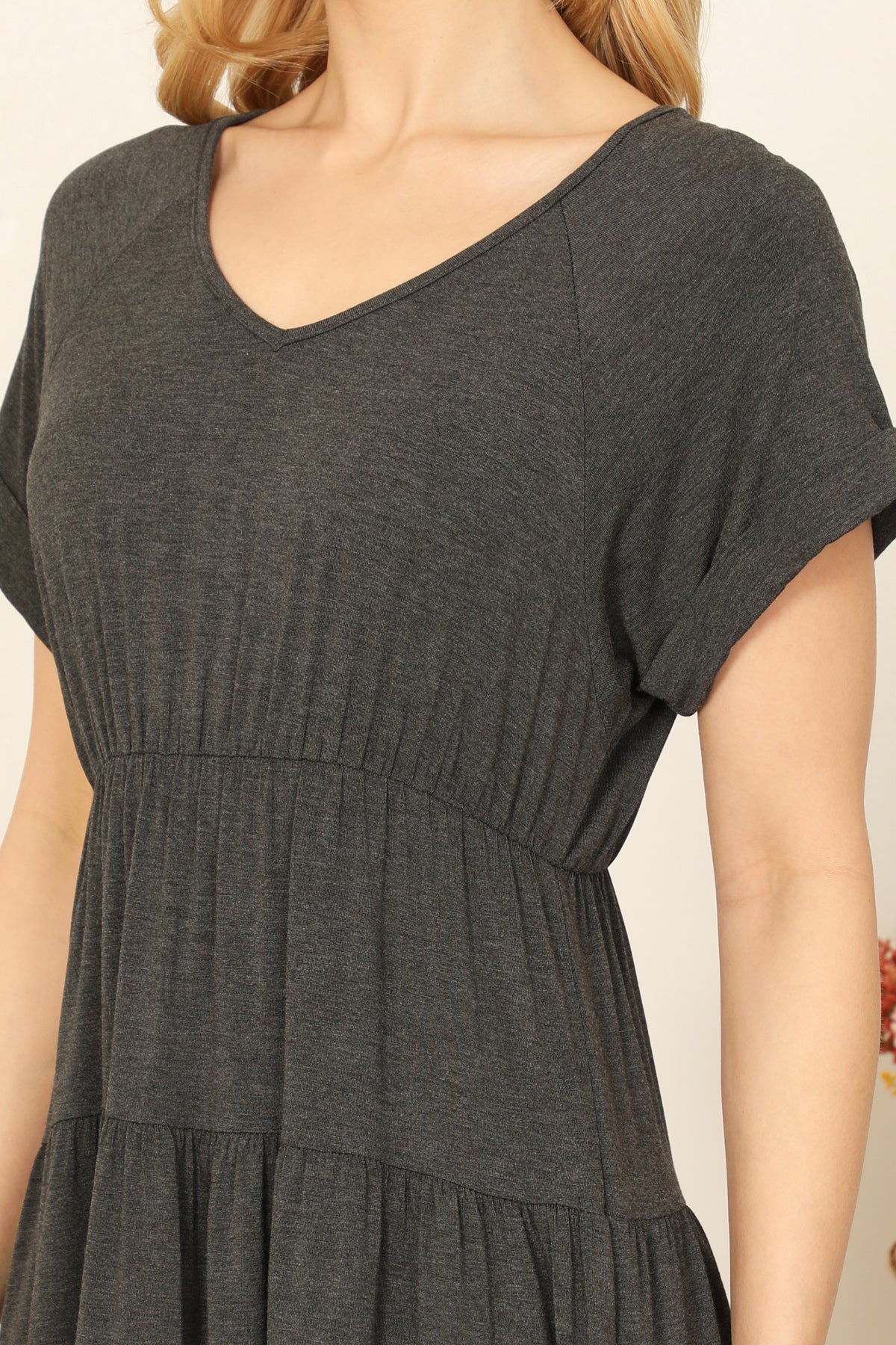 V-Neck Rolled Cuff Dolman Sleeve Mini Dress