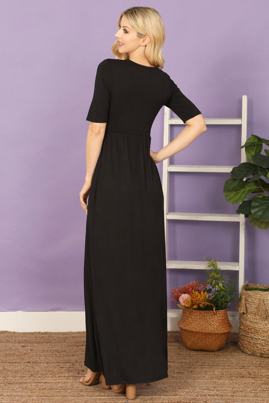 Short Sleeve Round Neck Side Pocket Solid Maxi Dress