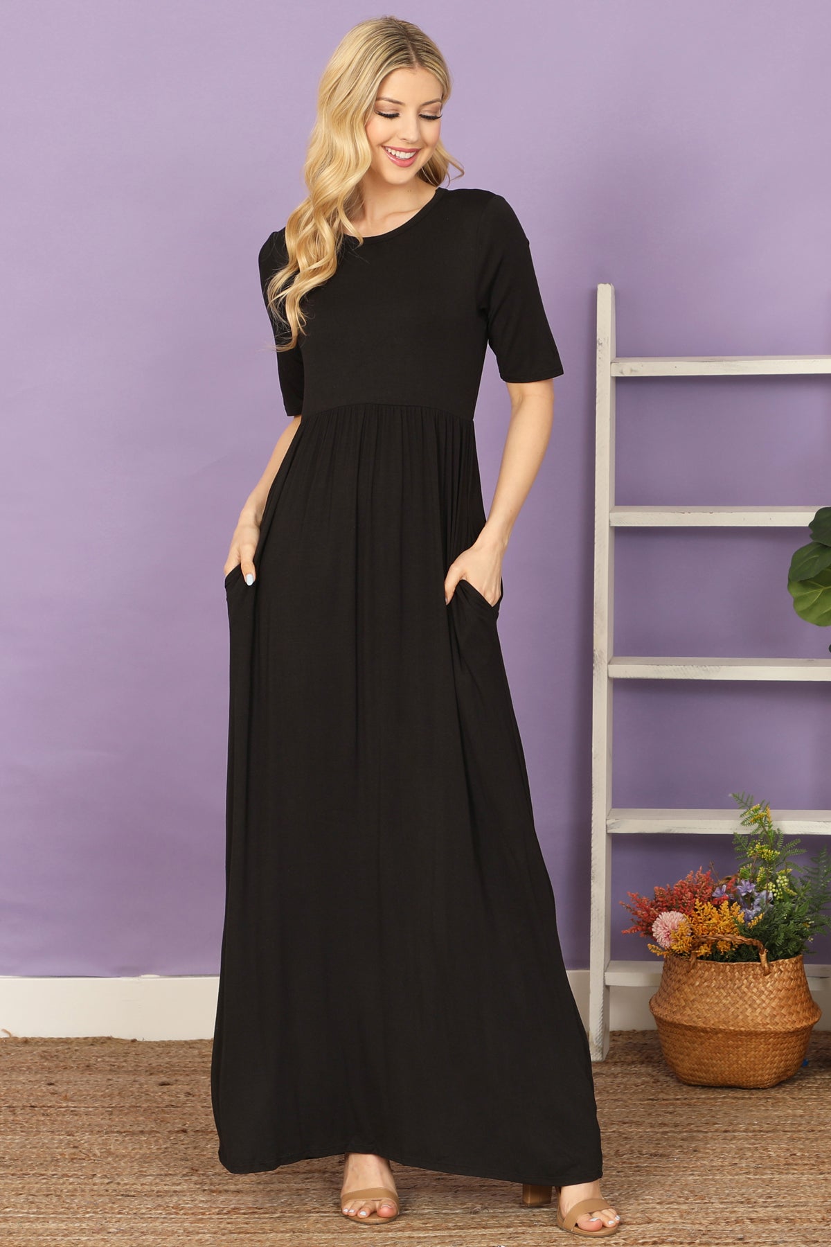 Short Sleeve Round Neck Side Pocket Solid Maxi Dress