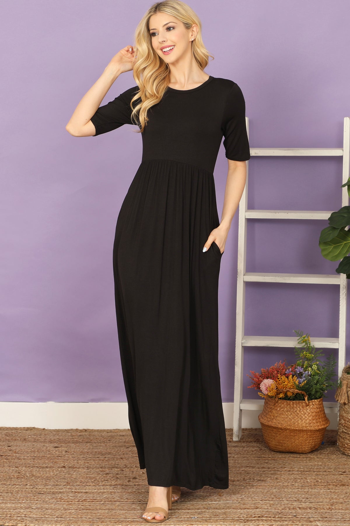 Short Sleeve Round Neck Side Pocket Solid Maxi Dress