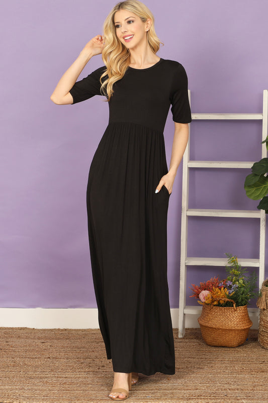 Short Sleeve Round Neck Side Pocket Solid Maxi Dress