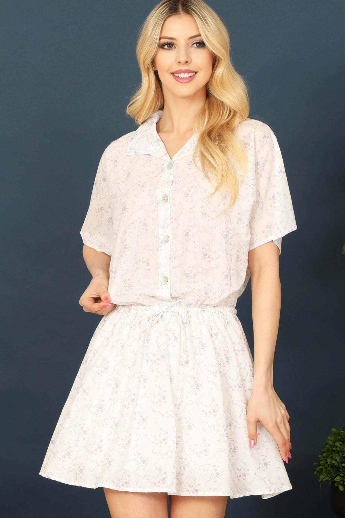 Half Sleeve Button Detail Tie Waist Mini Dress