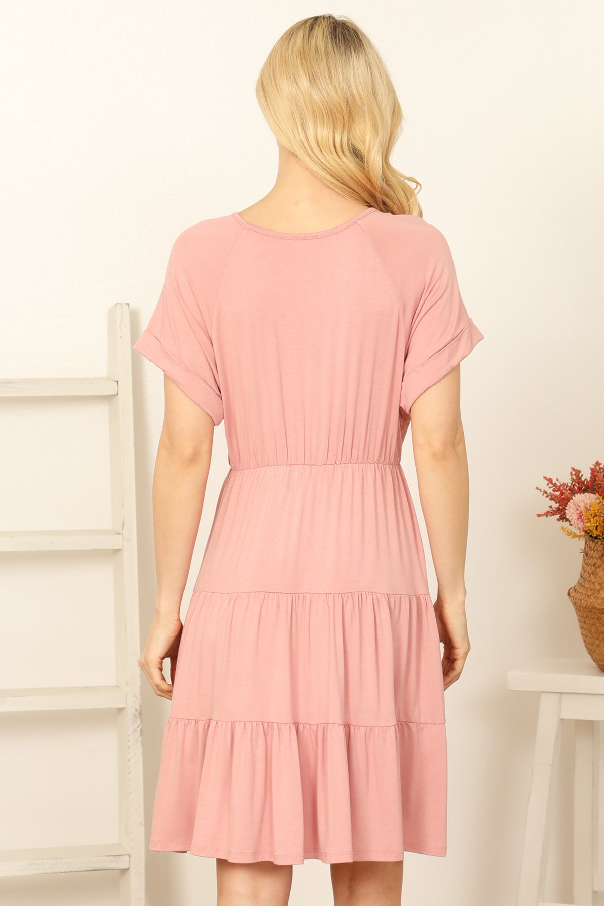 V-Neck Rolled Cuff Dolman Sleeve Mini Dress