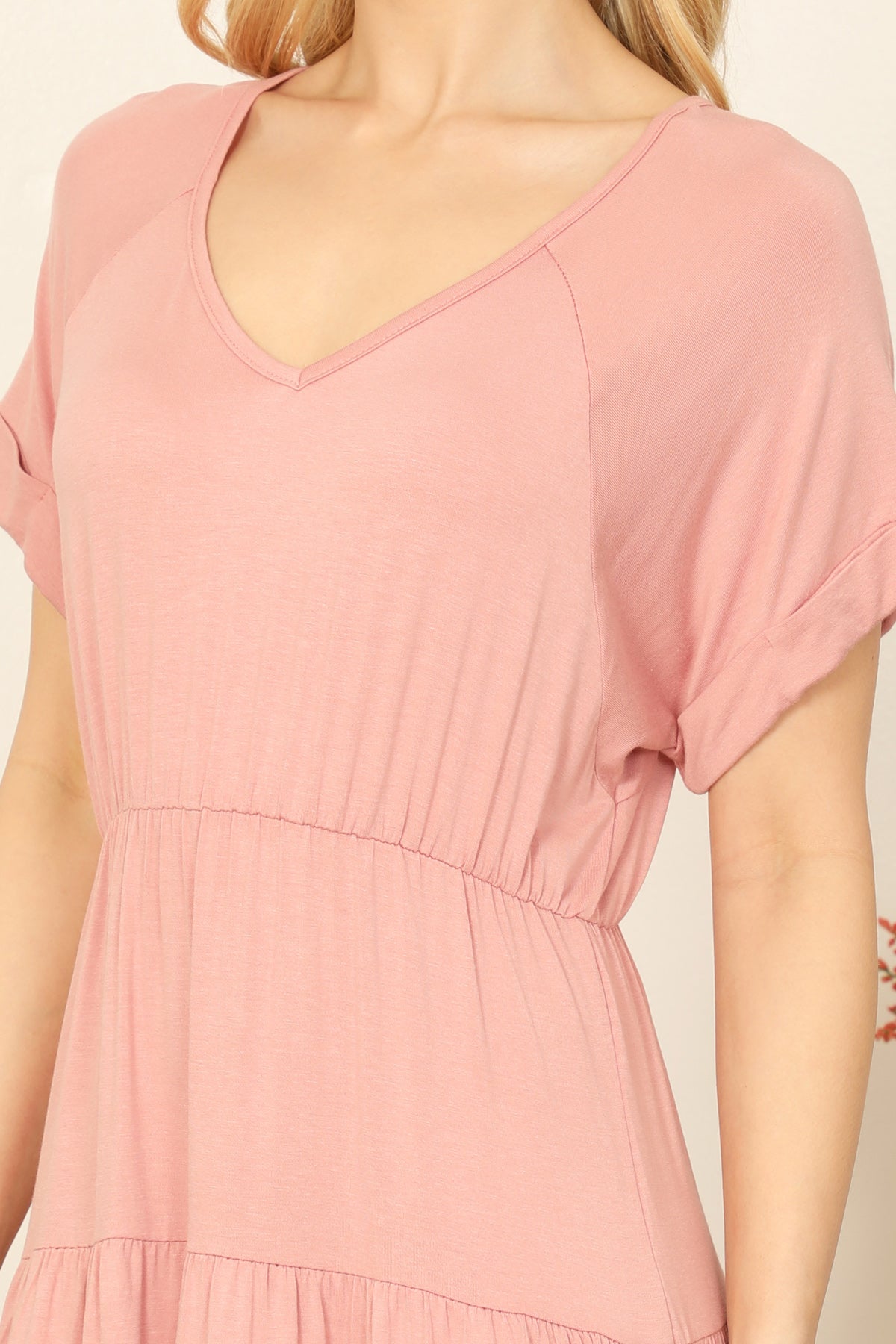 V-Neck Rolled Cuff Dolman Sleeve Mini Dress