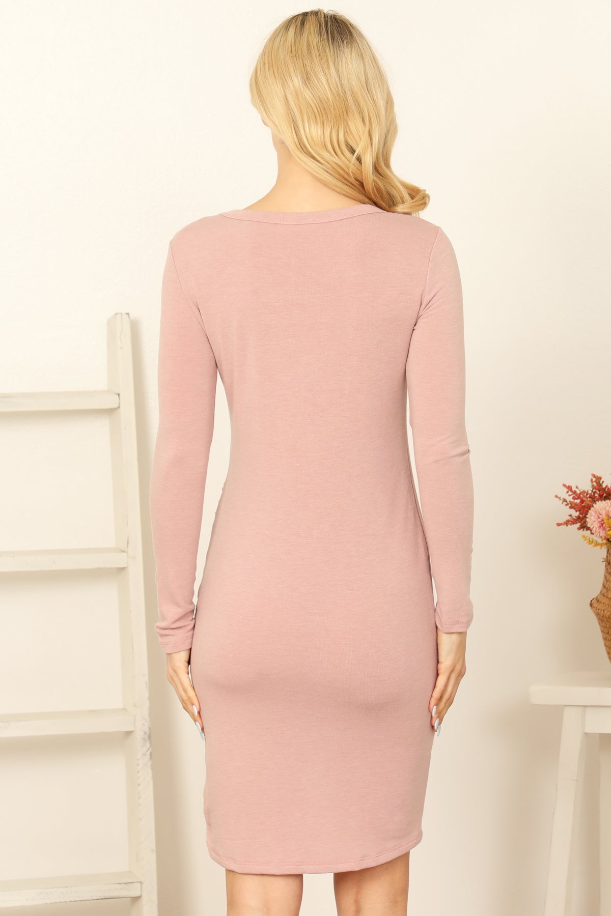 Long Sleeve Side Ruched Asymmetrical Hem Bodycon Dress