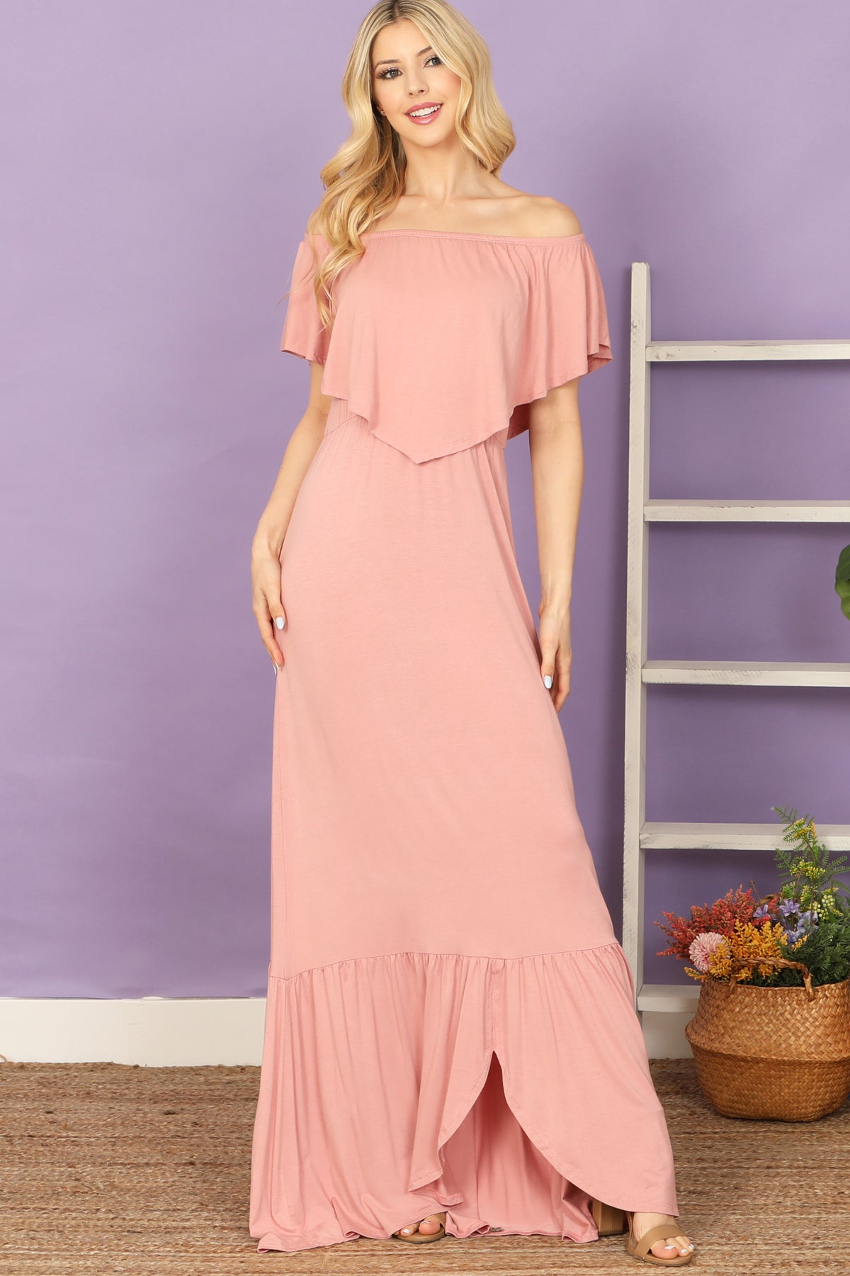 Off Shoulder Ruffle Overlay High-Low Hem Maxi Dress