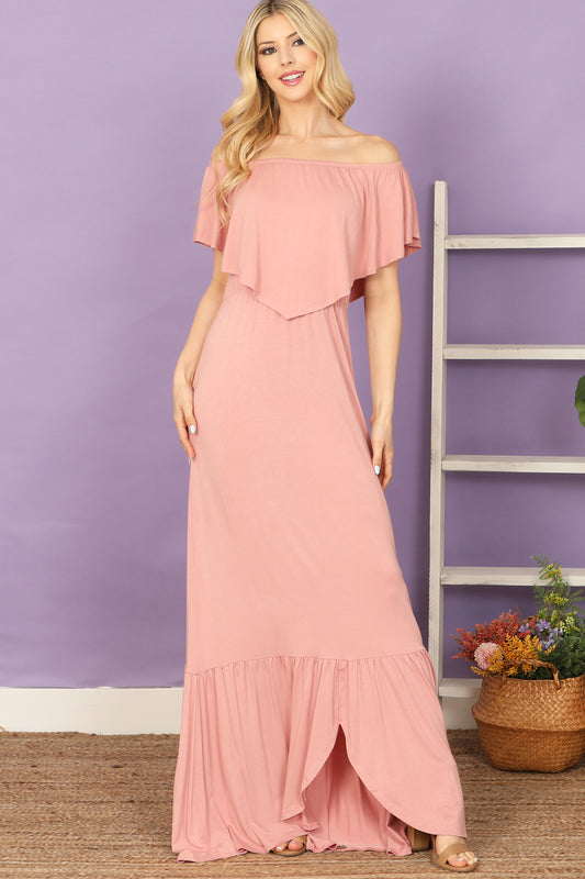 Off Shoulder Ruffle Overlay High-Low Hem Maxi Dress