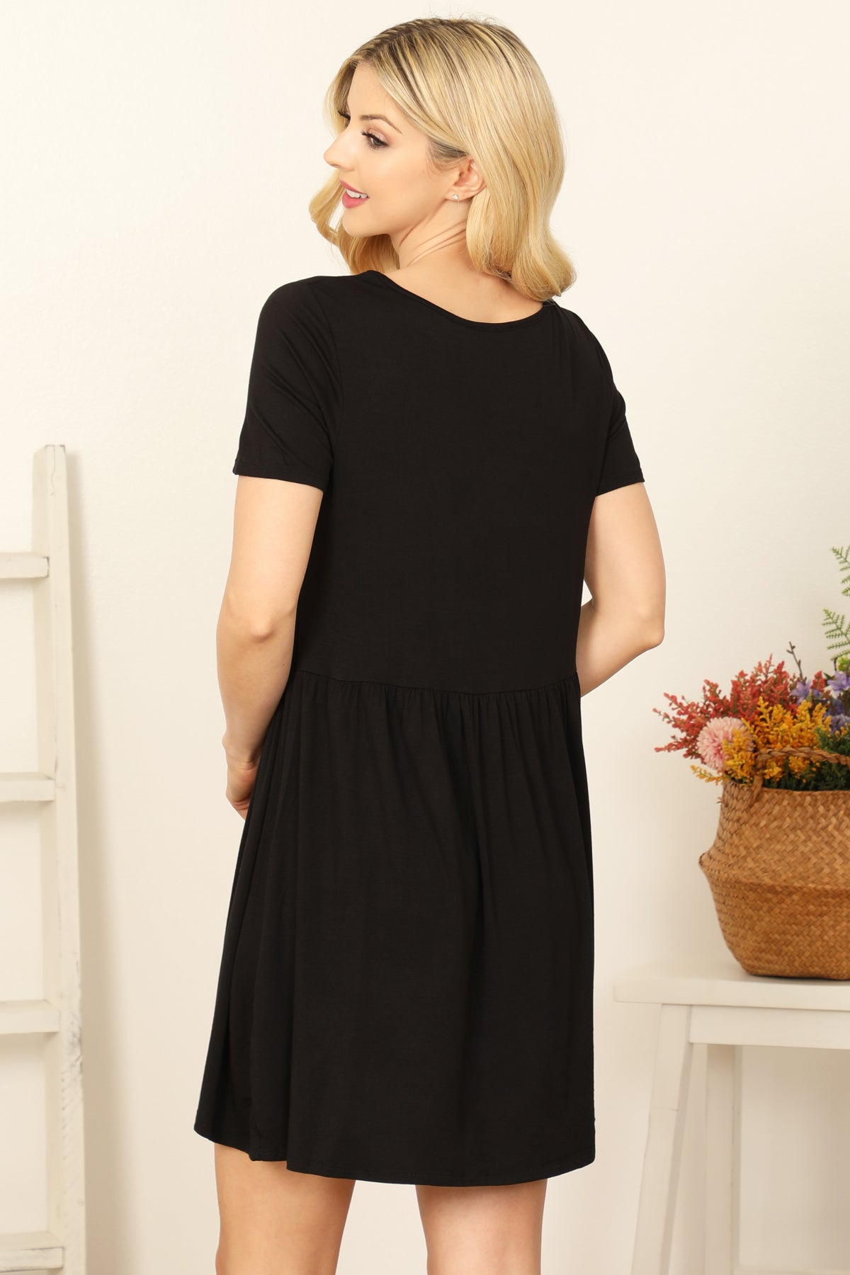 Short Sleeve Scoop Neck Button Detail Mini Dress
