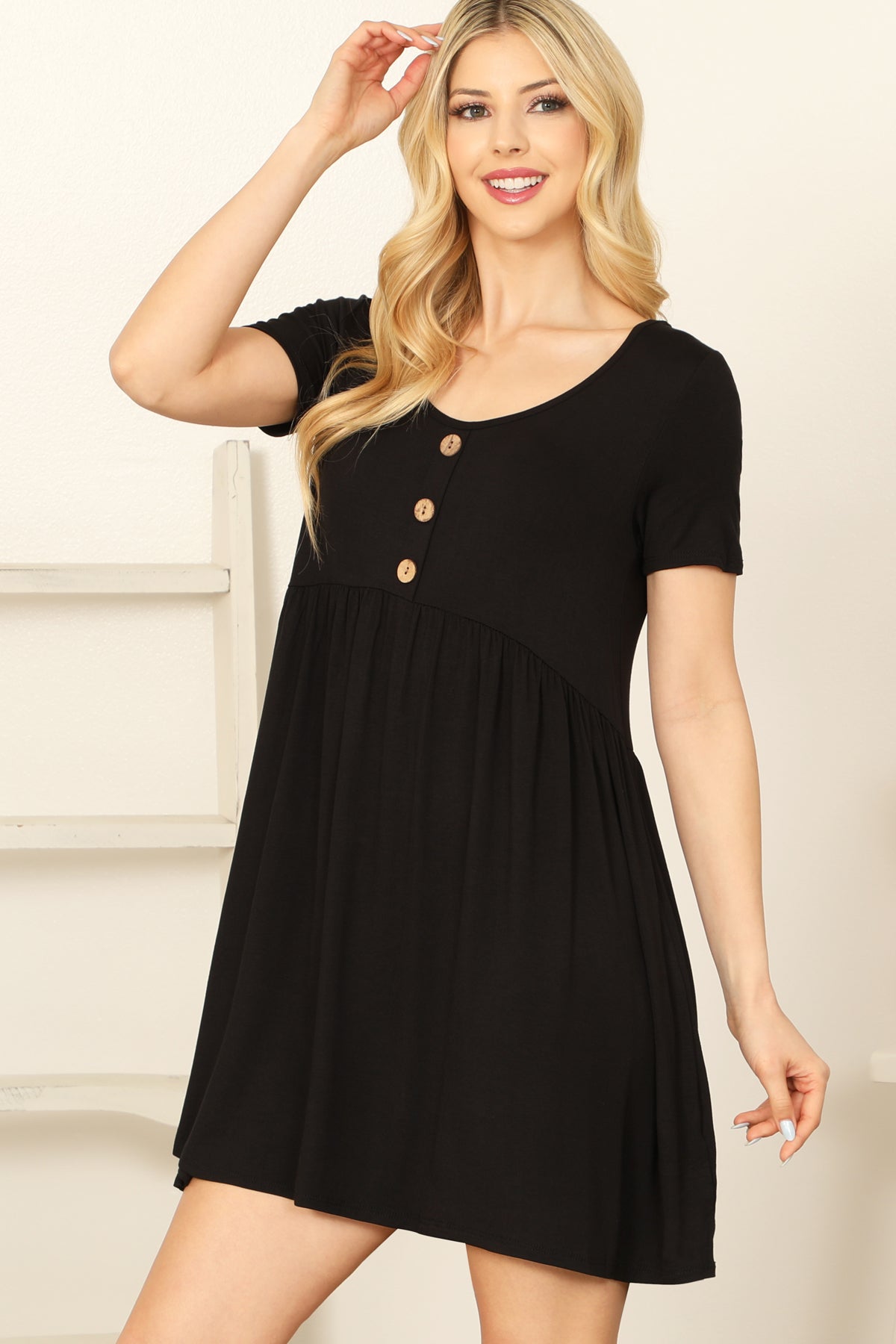 Short Sleeve Scoop Neck Button Detail Mini Dress