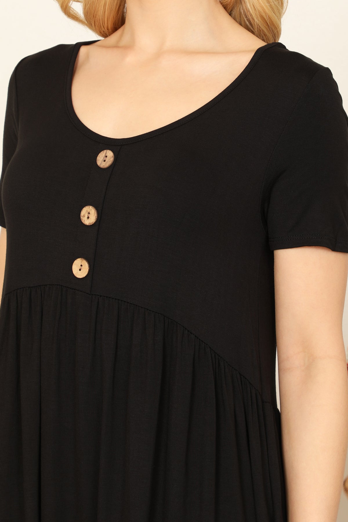 Short Sleeve Scoop Neck Button Detail Mini Dress