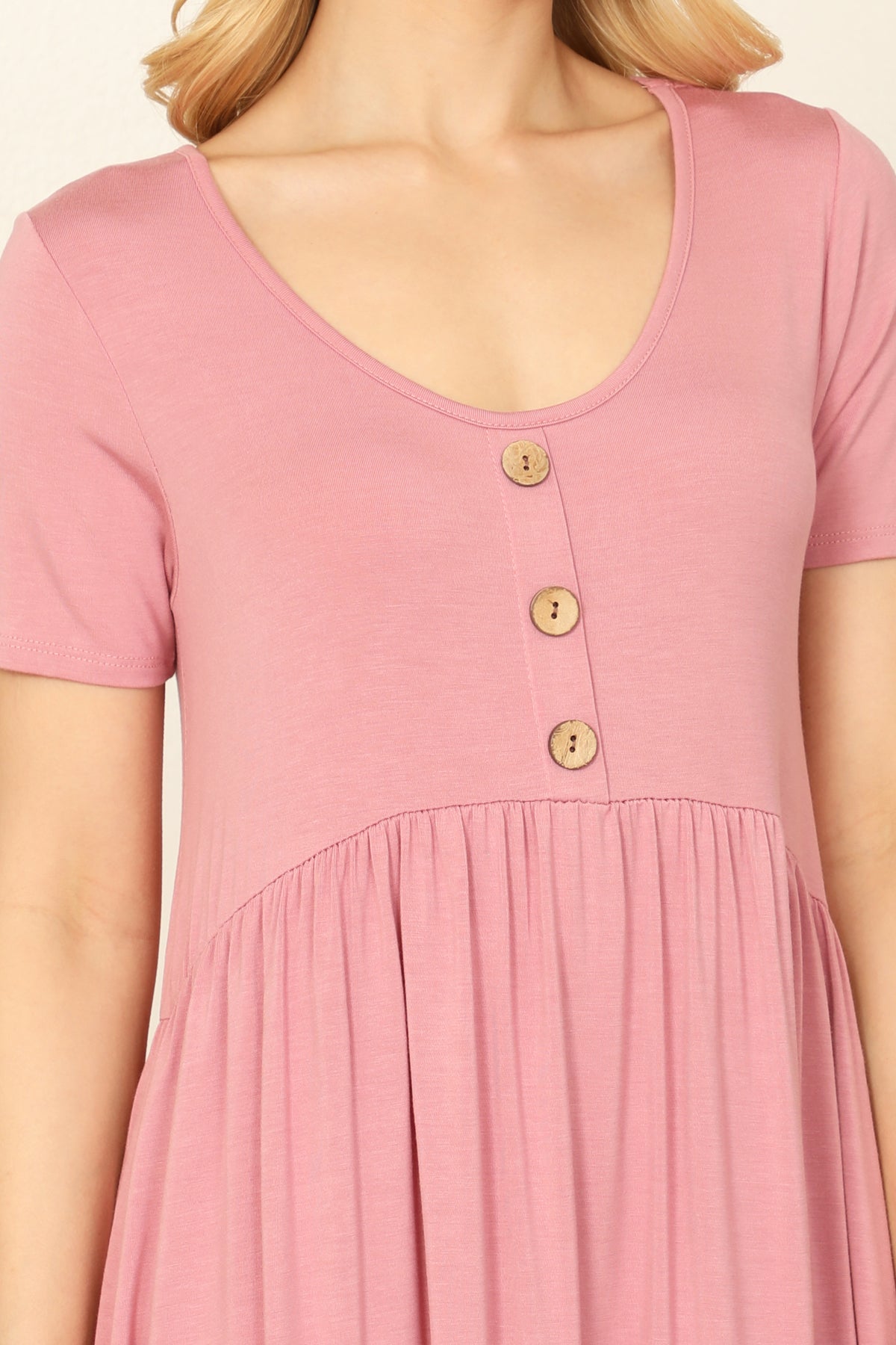 Short Sleeve Scoop Neck Button Detail Mini Dress