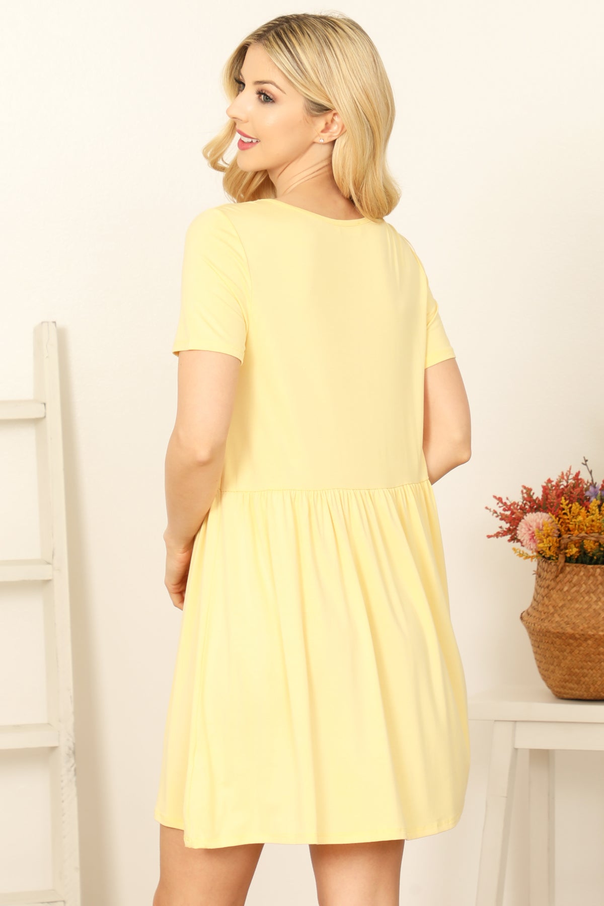 Short Sleeve Scoop Neck Button Detail Mini Dress