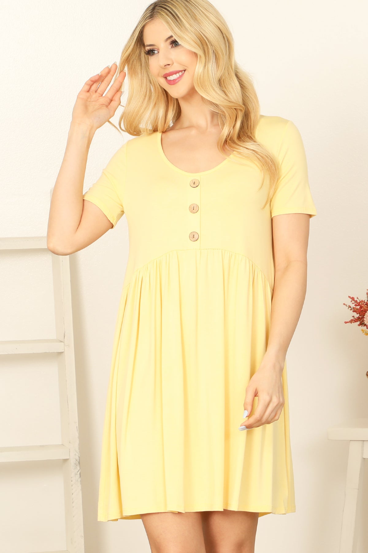 Short Sleeve Scoop Neck Button Detail Mini Dress