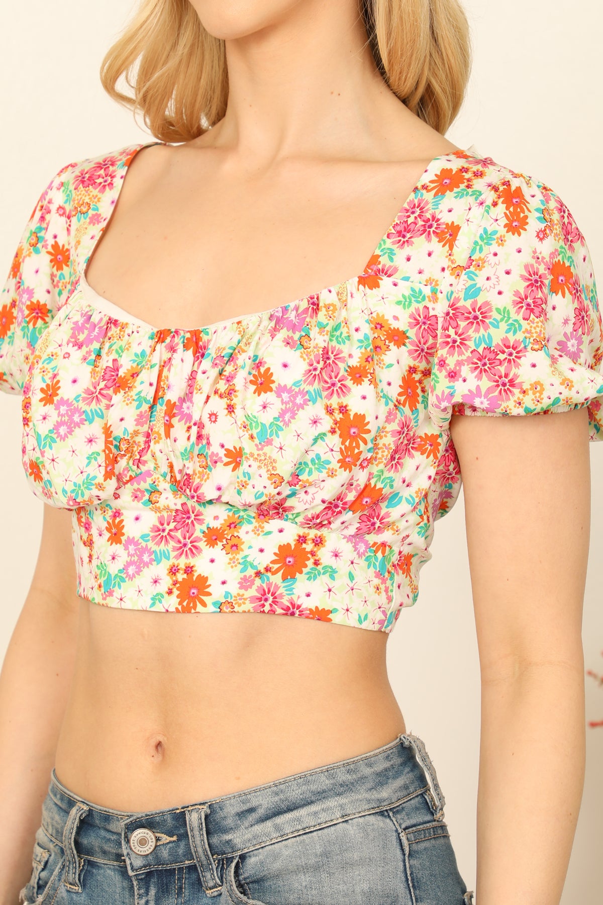 Multicolor Short Puff Sleeve Back Tie Floral Crop Top