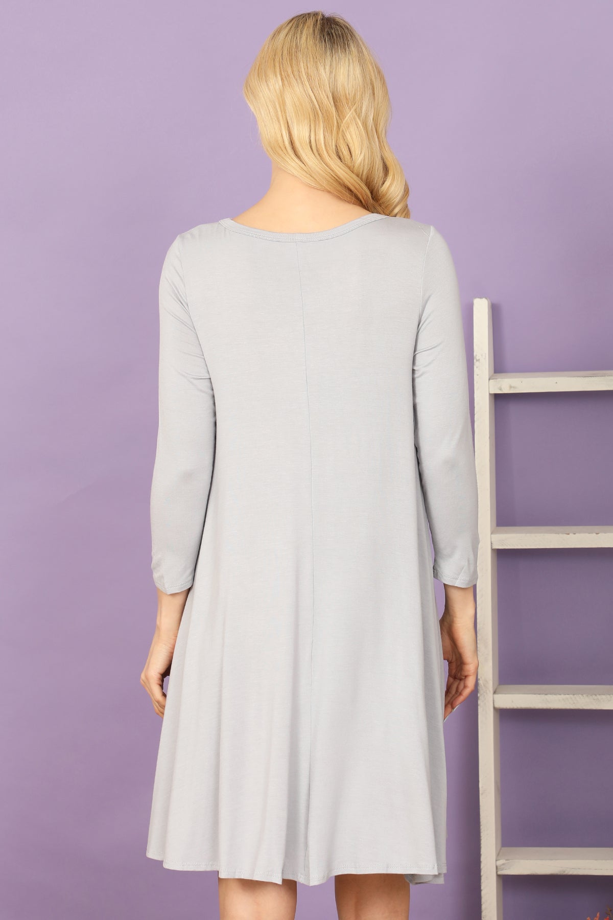 Solid Boat Neck Quarter Sleeve Side Pocket Mini Dress