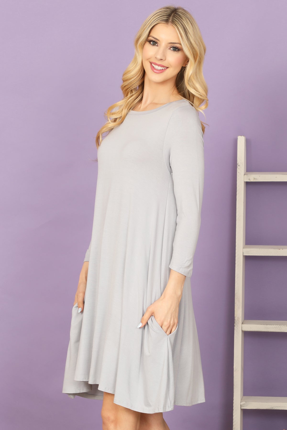 Solid Boat Neck Quarter Sleeve Side Pocket Mini Dress