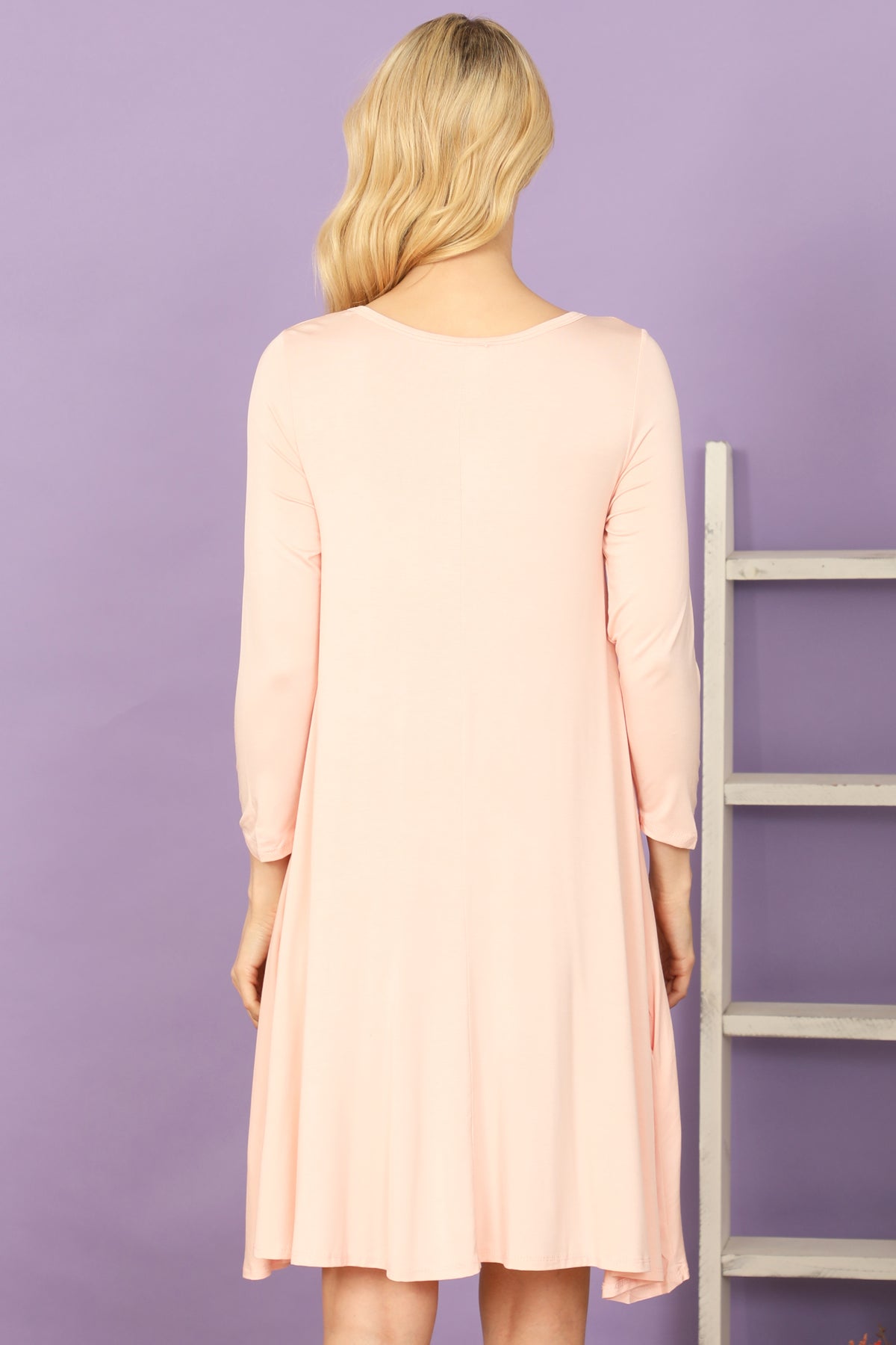 Solid Boat Neck Quarter Sleeve Side Pocket Mini Dress