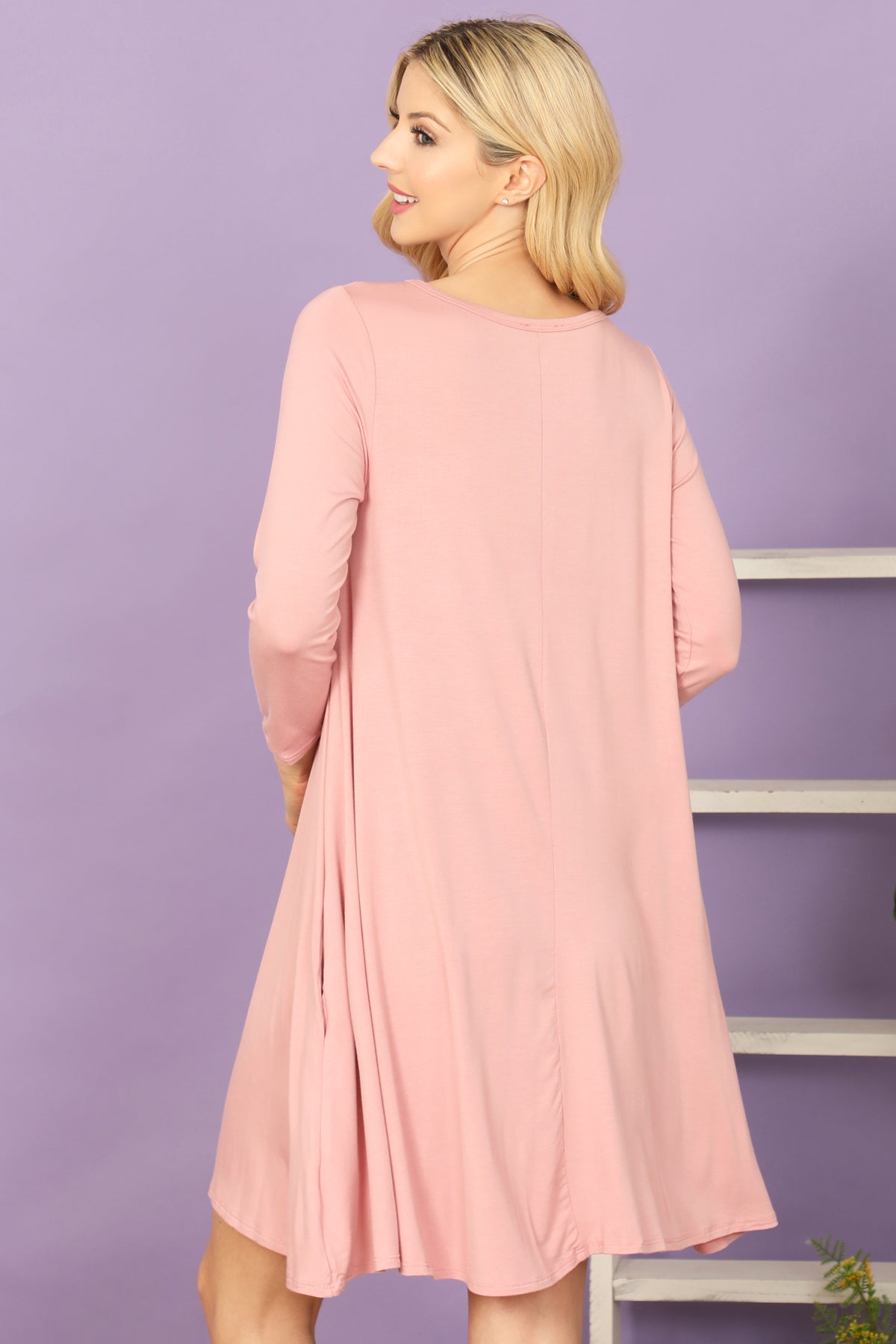 Solid Boat Neck Quarter Sleeve Side Pocket Mini Dress