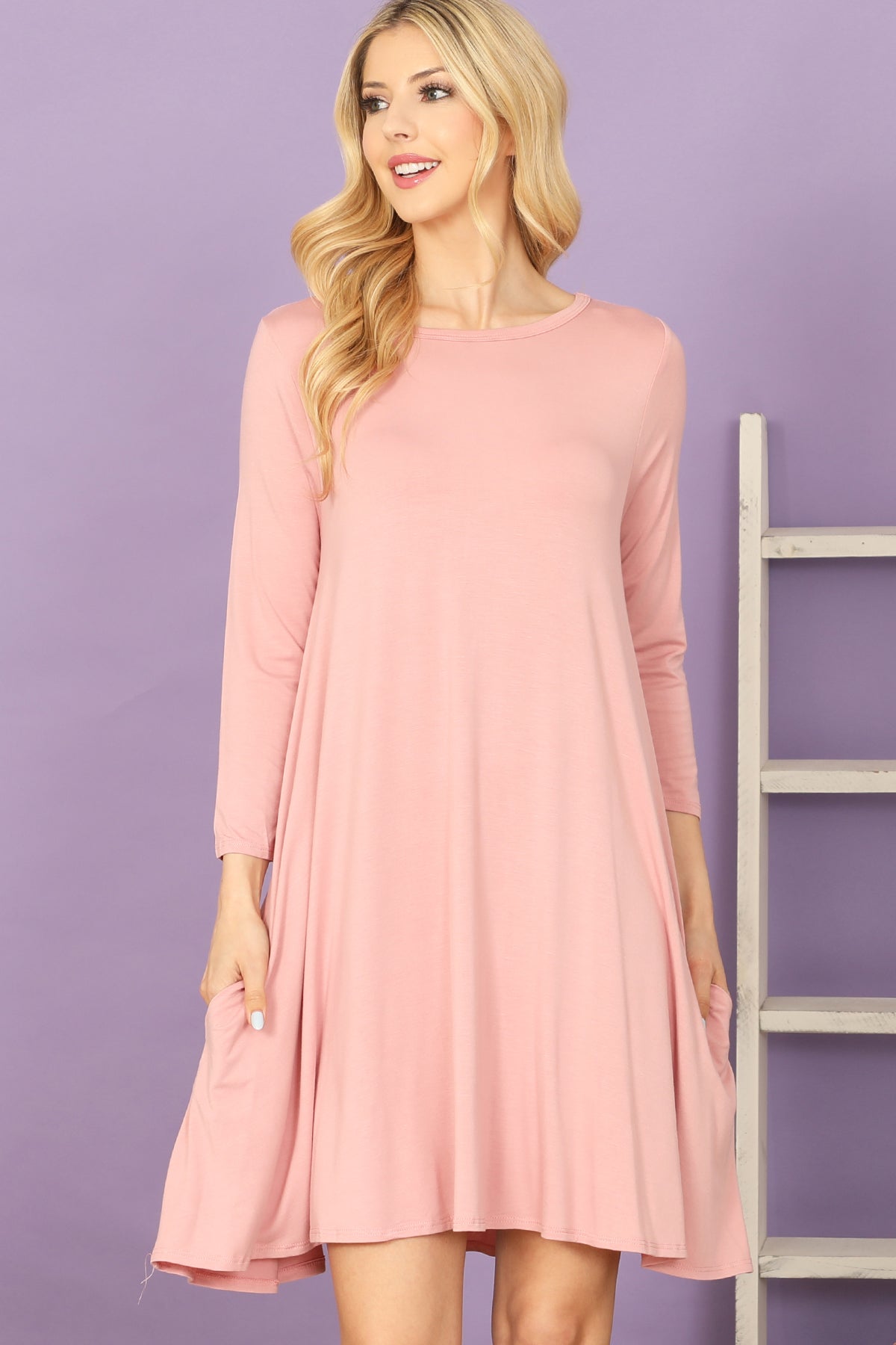 Solid Boat Neck Quarter Sleeve Side Pocket Mini Dress