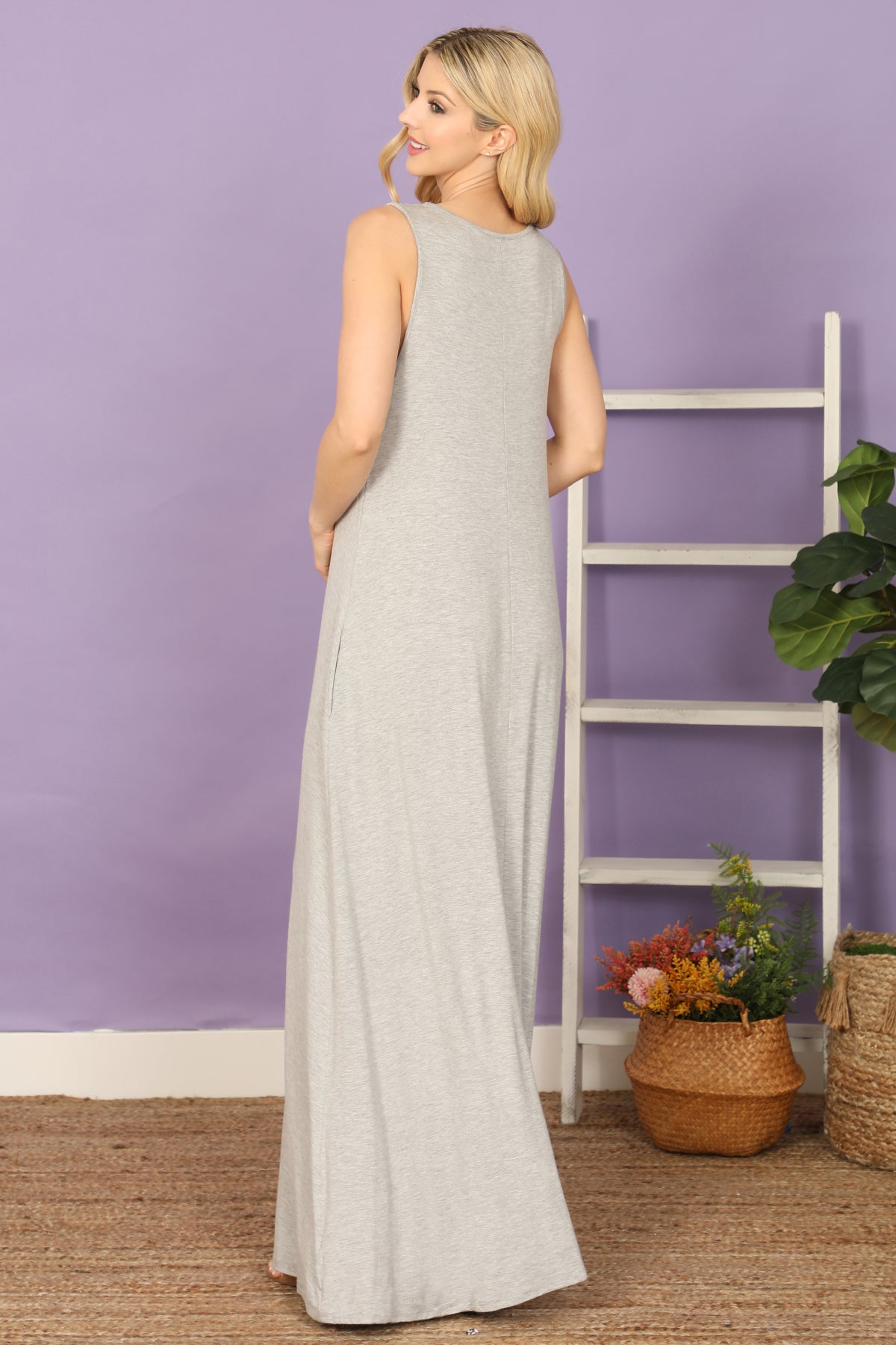Sleeveless Side Pocket Solid Maxi Dress