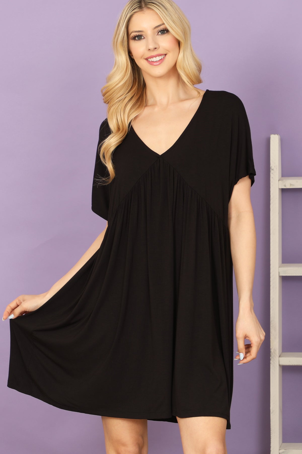 V-Neck Short Sleeve Pleated Detail Solid Mini Dress