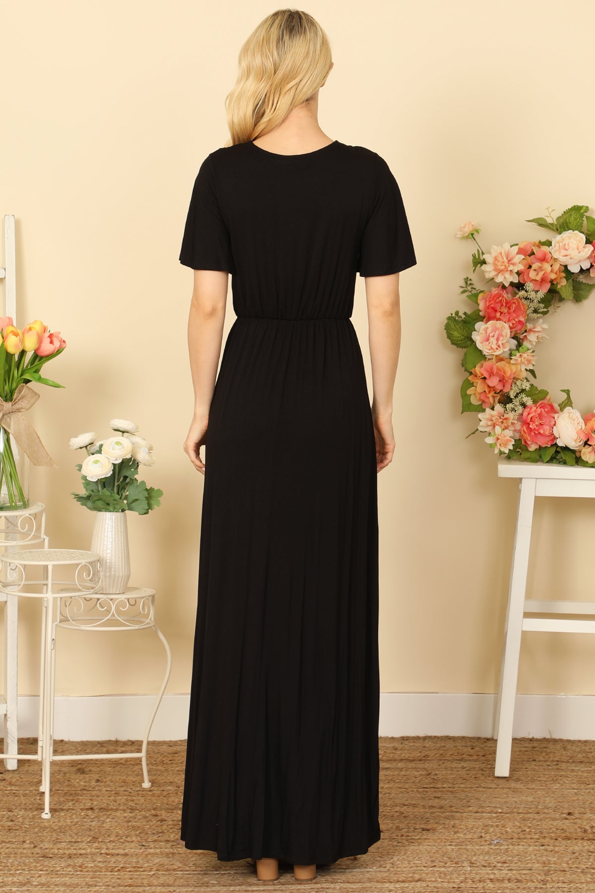 Bell Sleeve Surplice Neck Pleated Waist Solid Maxi Dress
