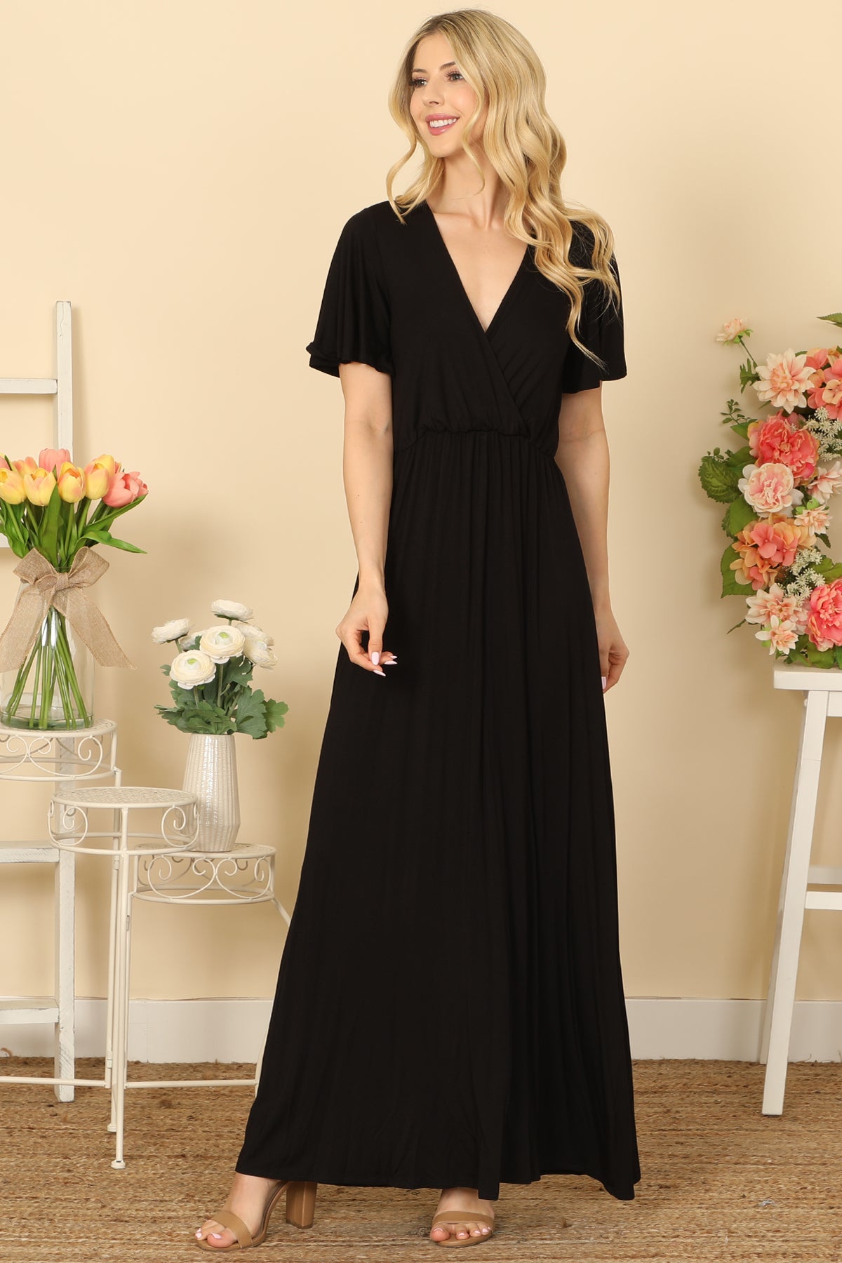 Bell Sleeve Surplice Neck Pleated Waist Solid Maxi Dress