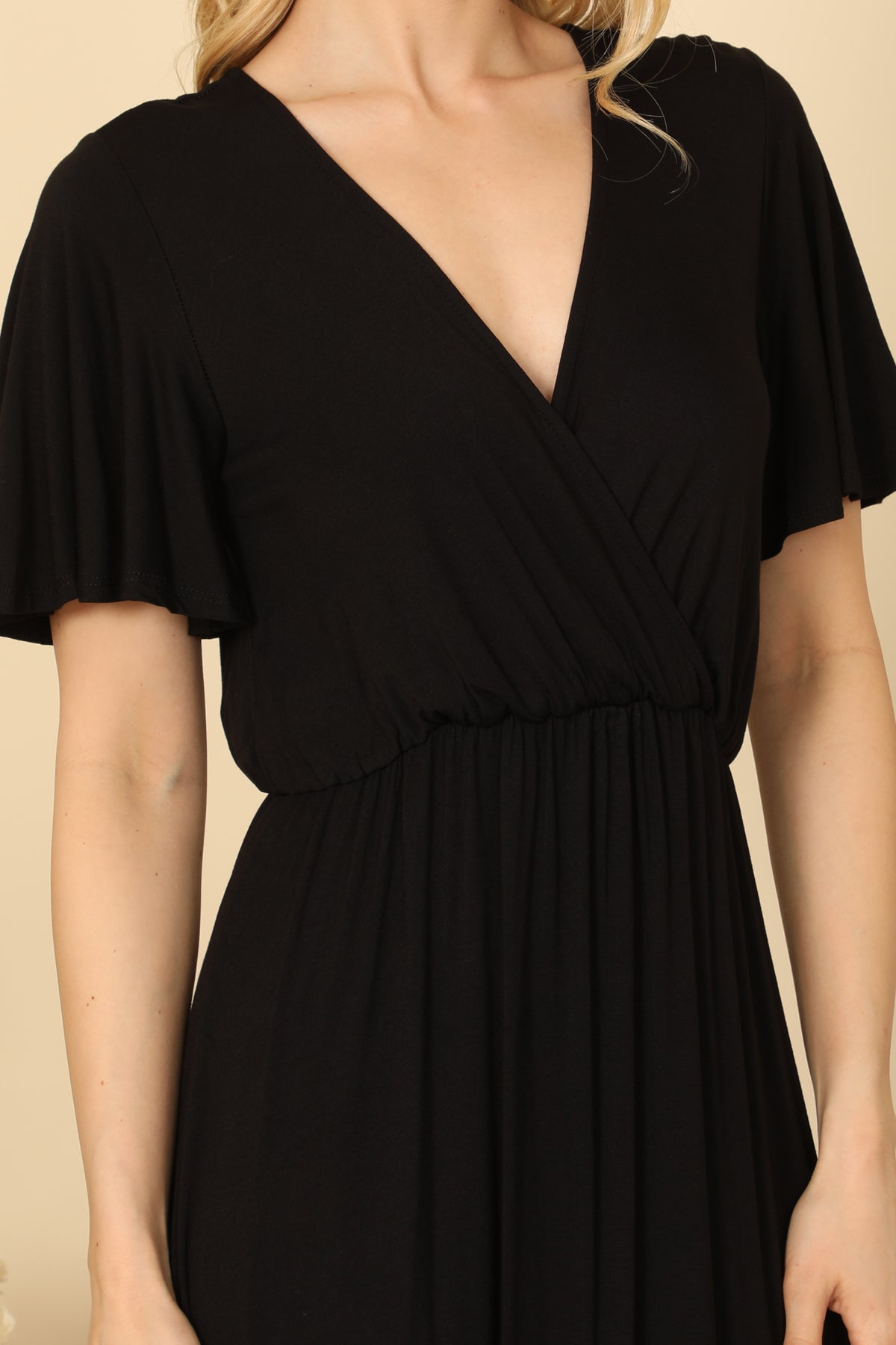 Bell Sleeve Surplice Neck Pleated Waist Solid Maxi Dress