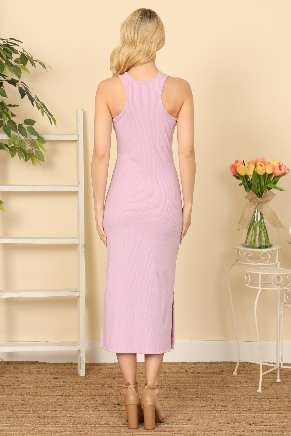 Solid Side Slit Fitted Midi Tank Dress