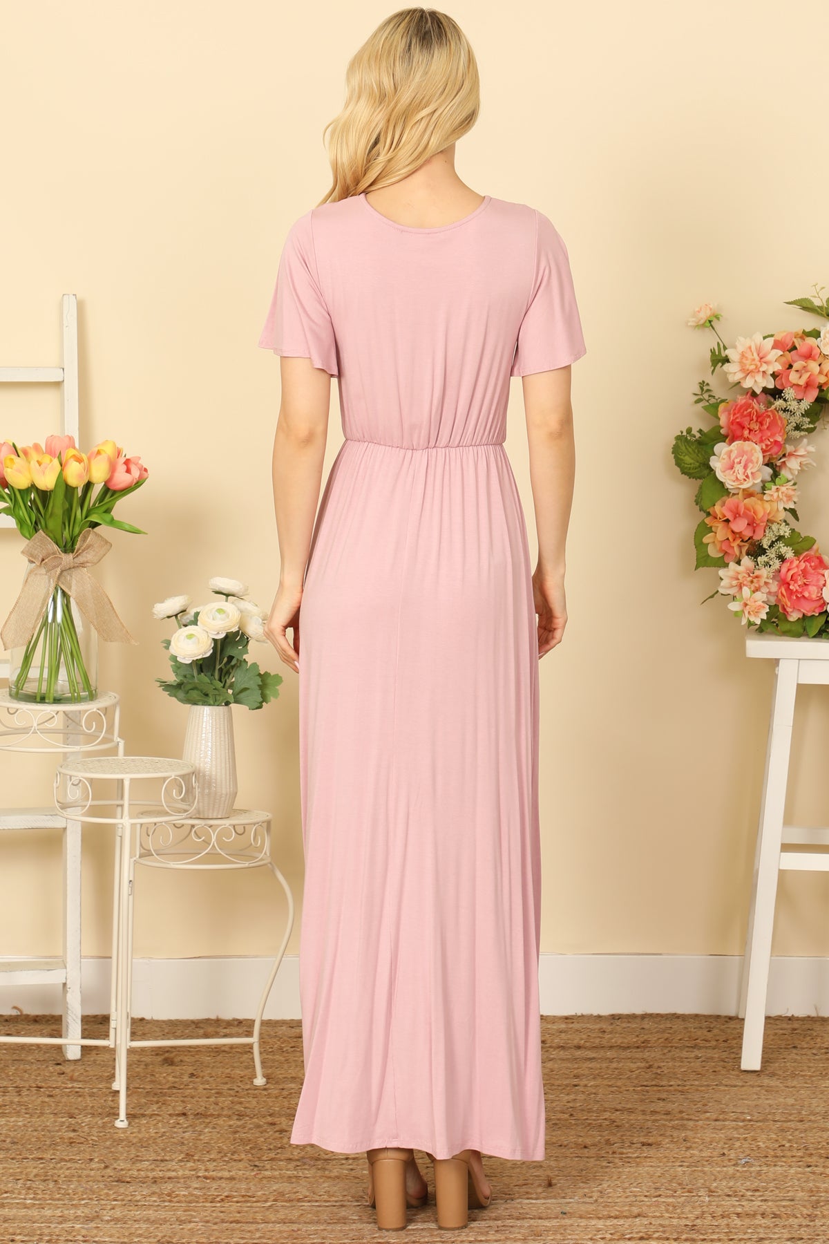 Bell Sleeve Surplice Neck Pleated Waist Solid Maxi Dress