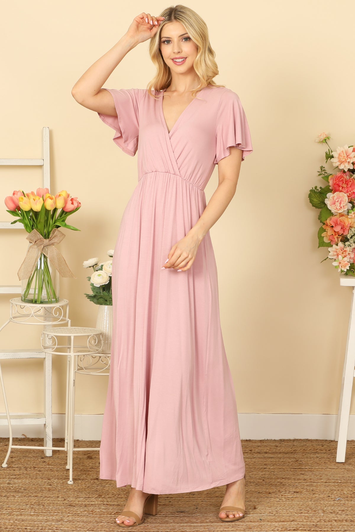 Bell Sleeve Surplice Neck Pleated Waist Solid Maxi Dress
