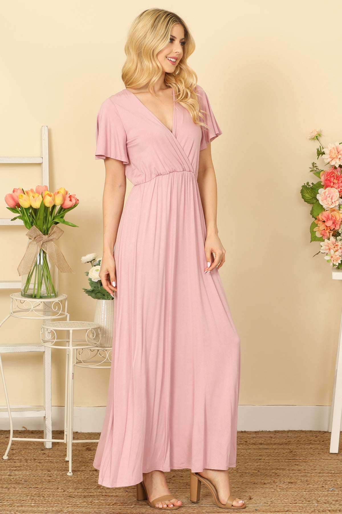 Bell Sleeve Surplice Neck Pleated Waist Solid Maxi Dress
