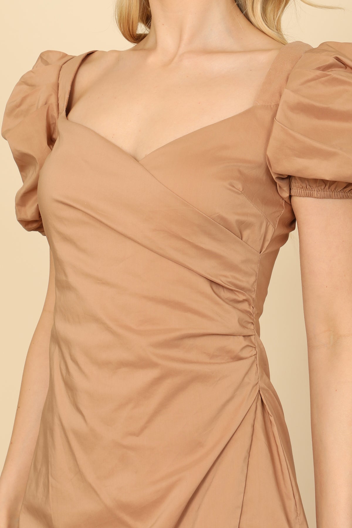 Puff Short Sleeve Side Ruched Wrap Detail Mini Dress