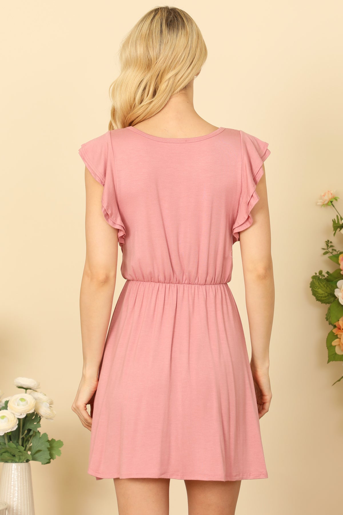 Ruffle Sleeve Cinch Waist Solid Dress