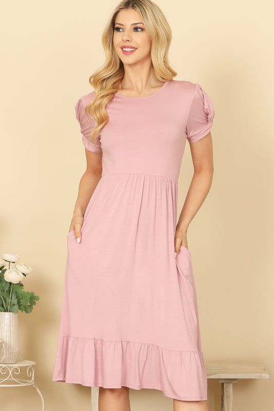 Short Twist Puff Sleeve Side Pocket Pleated Detail Dress