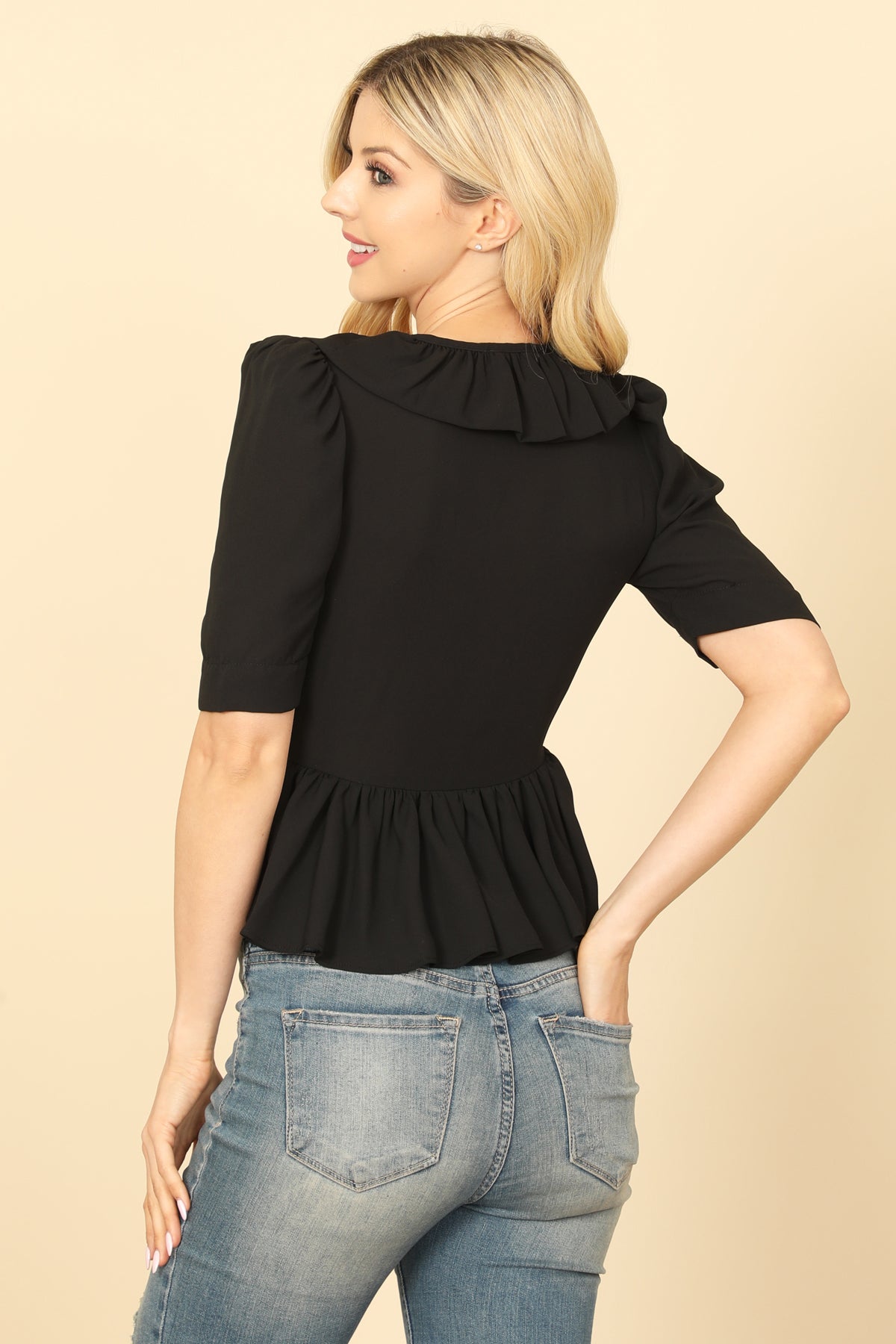 V-Neck Half Sleeve Ruffle Detail Crop Top