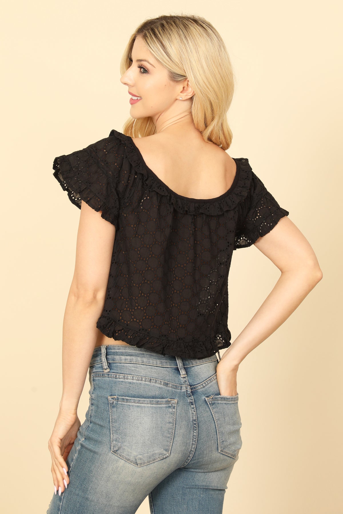 Short Ruffle Sleeve Eyelet Detail Crop Top
