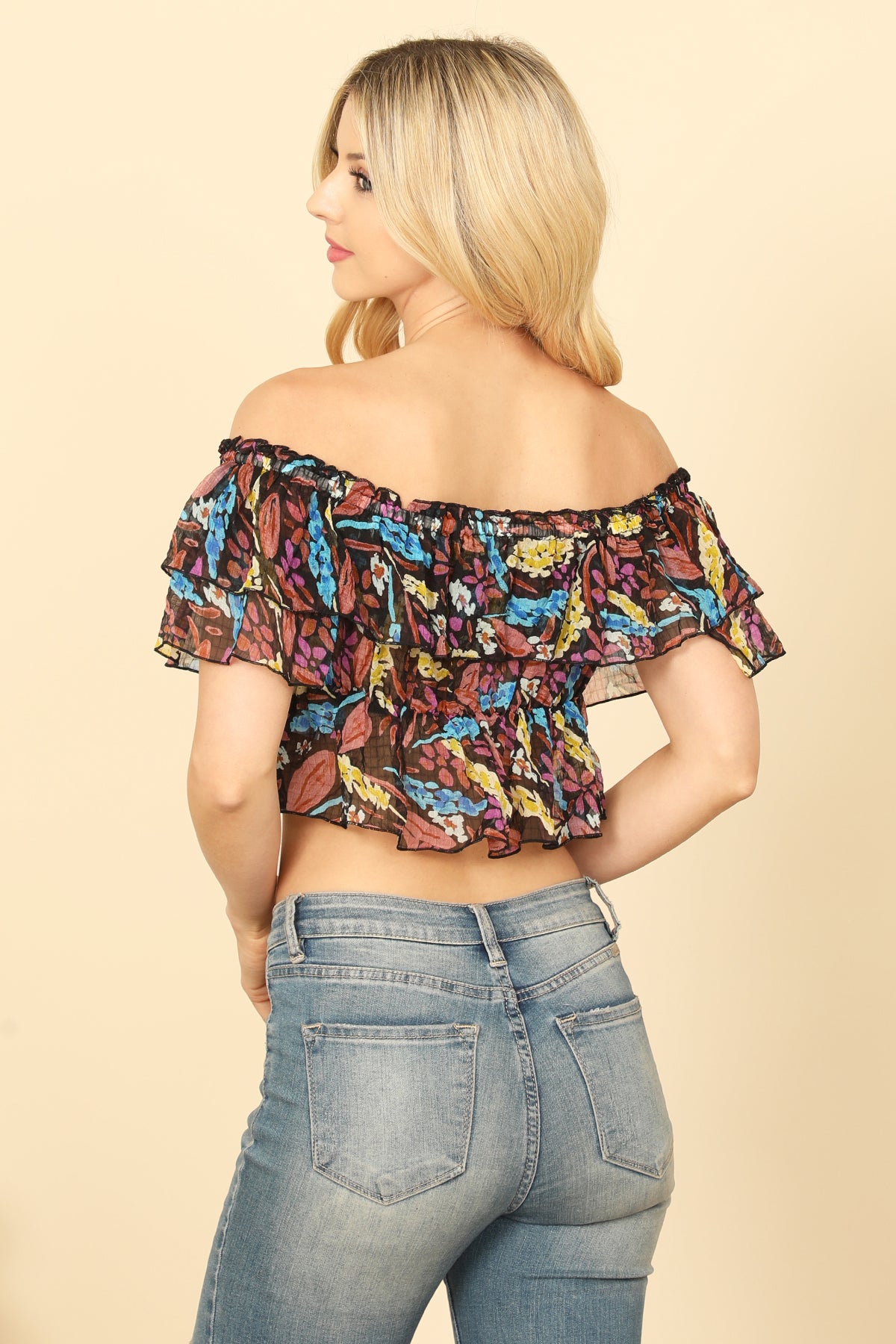 Multi Off Shoulder Ruffle Detail Printed Crop Top
