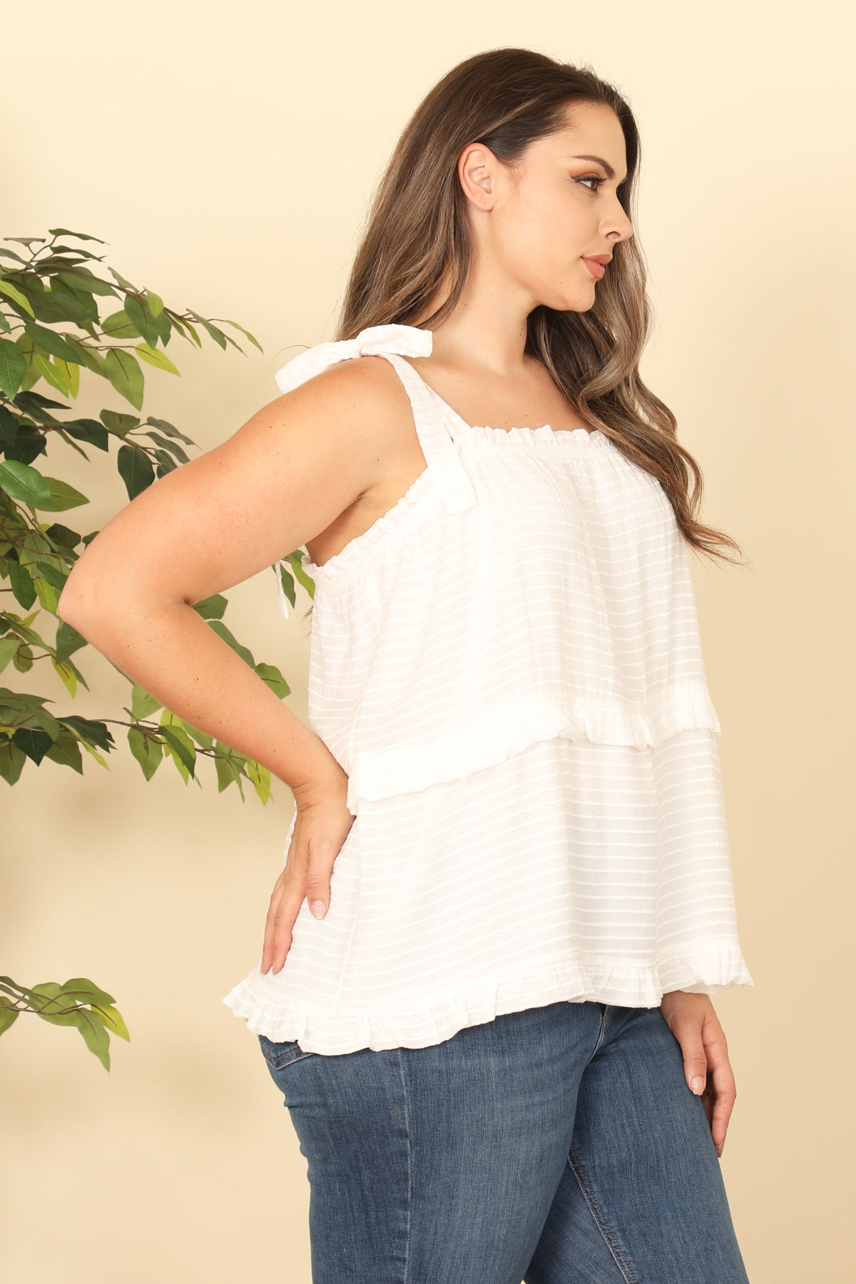 Plus Size Tie Strap Ruffle Detail Stripe Top