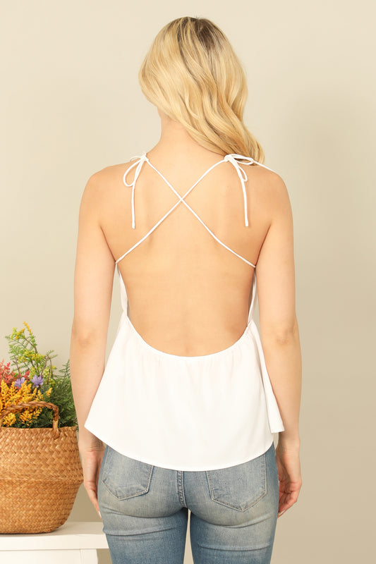 Spaghetti Strap Cross Back Peplum Solid Top