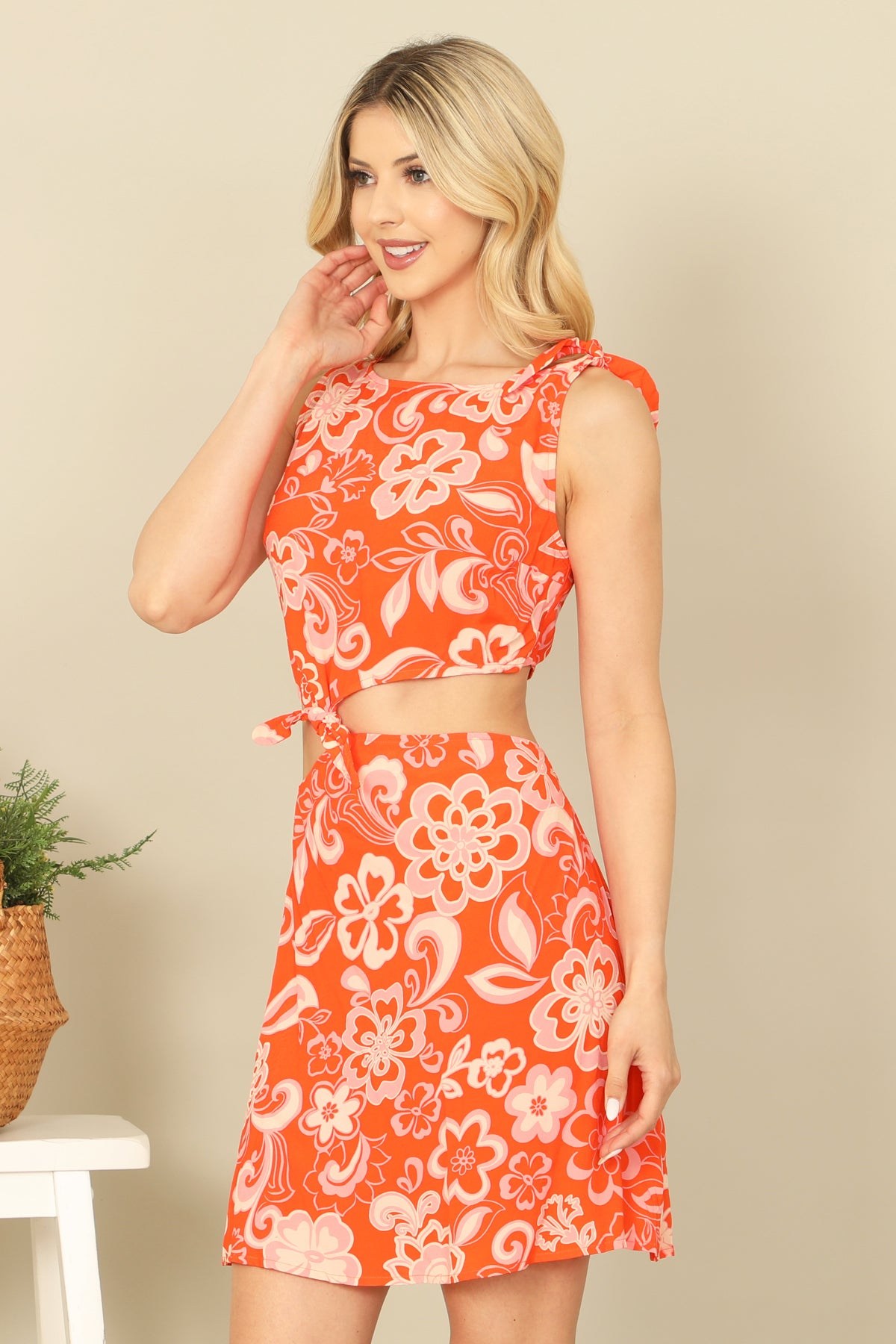 Tie Strap Front Tie Side Cutout Floral Dress