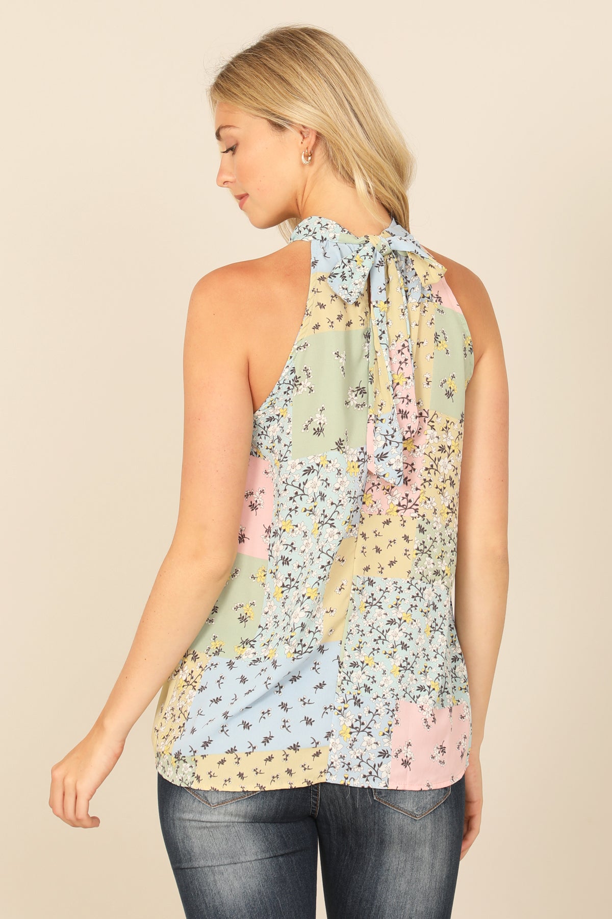 Multi Keyhole Halter Neck With Tie Color Block Floral Top